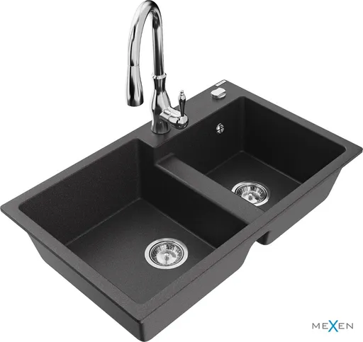 MEXEN/S MEXEN/S - Tomas granitový drez 2-bowl vrátane batérie Savita, čierna kropenatá 6516-76-672601-00