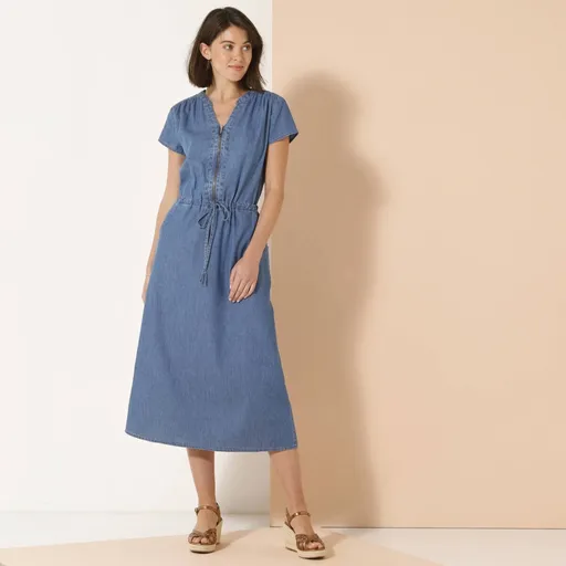 Dlhé šaty z tenkého denimu so zipsom vo výstrihu a krátkymi rukávmi