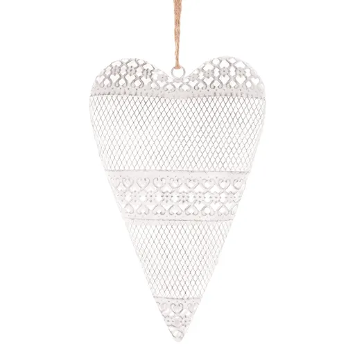 Kovové závesné srdce 15 x 24 x 4 cm, farba antik biela