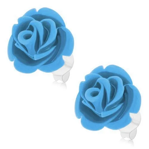 Náušnice zo striebra 925, ruža v svetlomodrom odtieni, puzetové zapínanie