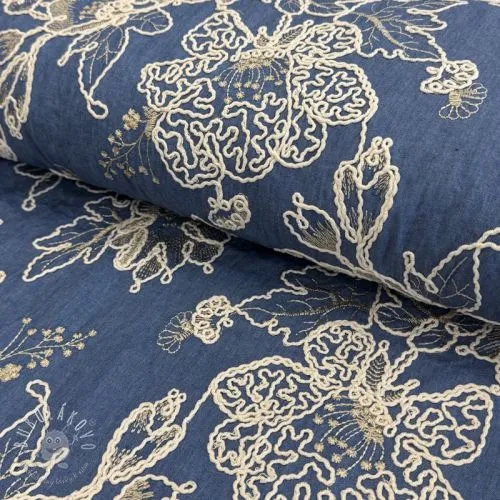 Bavlnená látka JEANS EMBROIDERY Bouquet blue
