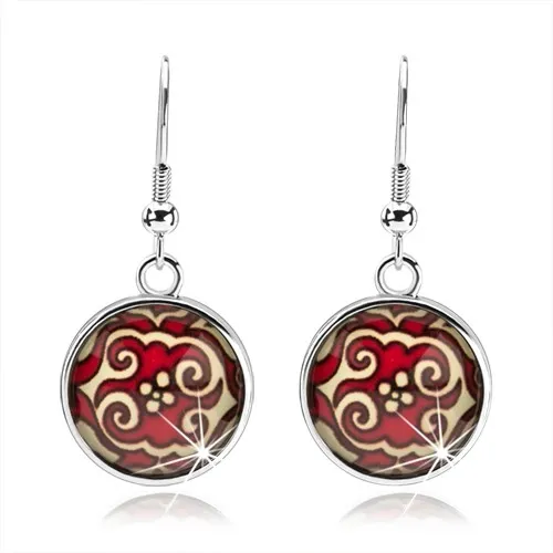 Okrúhle náušnice, kabošon, vypuklá glazúra, červeno-žlté ornamenty, kvet