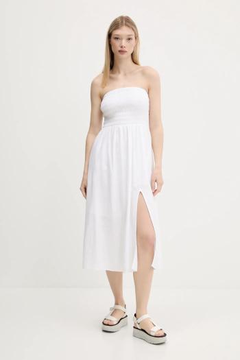 Ľanové šaty Hollister Co. biela farba, midi, áčkový strih, KI359-1209