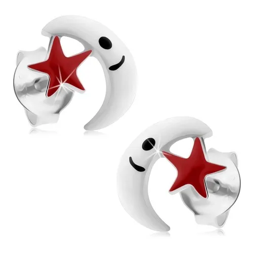 Strieborné 925 náušnice, mesiačik s hviezdičkou, puzetky, farebná glazúra