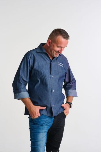 EGOCHEF Kuchársky rondon EGOchef VIP s košeľovým strihom UNISEX - jeans - dlhý rukáv M