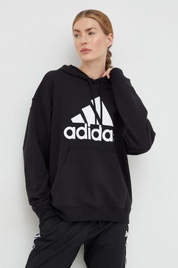 Bavlnená mikina adidas dámska, čierna farba, s kapucňou, s potlačou