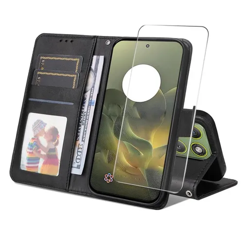 ENKAY PREMIUM SET Peňaženkové puzdro a ochranné sklo Motorola Edge 70 čierne