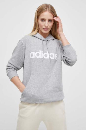 Bavlnená mikina adidas dámska, šedá farba, s kapucňou, s potlačou, IC6884