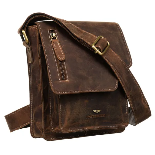 Pánska hnedá kožená messenger taška so zlatým kovaním - Peterson