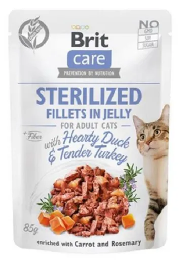 Brit Care cat Sterilized Fillets in Jelly with Hearty Duck & Tender Turkey kapsičky pre mačky 24x85g