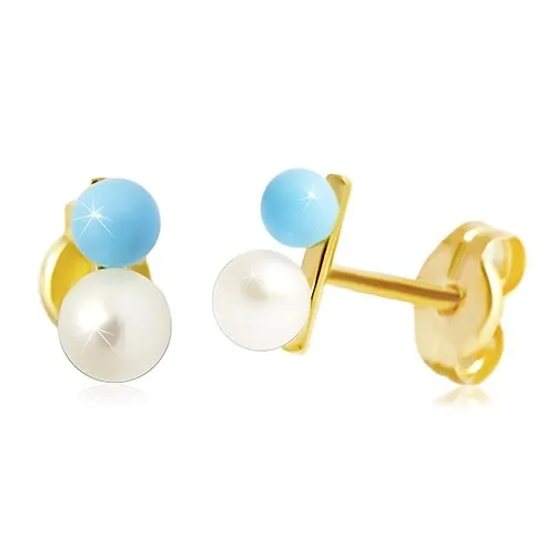 Puzetové náušnice v žltom 14K zlate - svetlomodrá a biela gulička