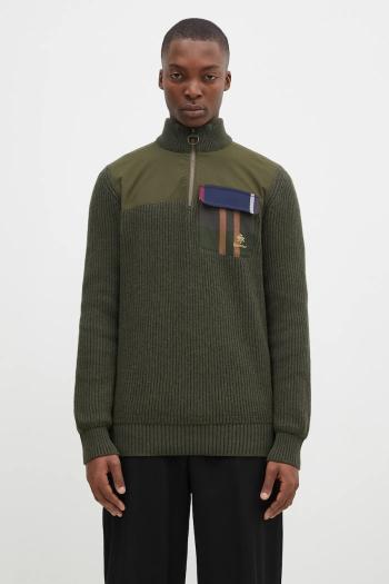 Vlnený sveter Baracuta Barbour x Baracut Miller Half Zip Knit pánsky, zelená farba, teplý, s rolákom, BRMAG0192