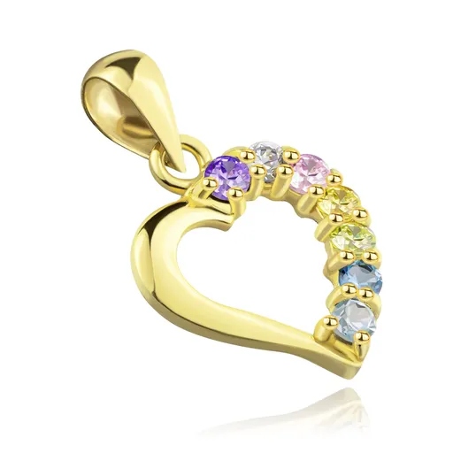Prívesok zo žltého 375 zlata - obrys srdca, okrúhle farebné zirkóny