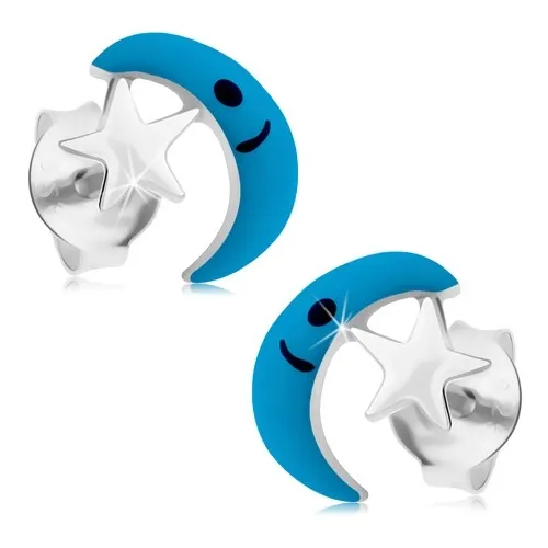 Puzetové náušnice zo striebra 925, mesiac s hviezdičkou, farebná glazúra