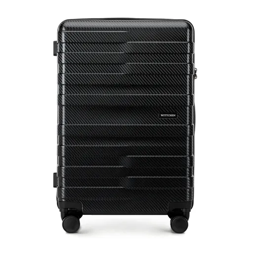 Stredný polykarbonátový kufor s horizontálnymi pruhmi, čierny 56-3P-582-10