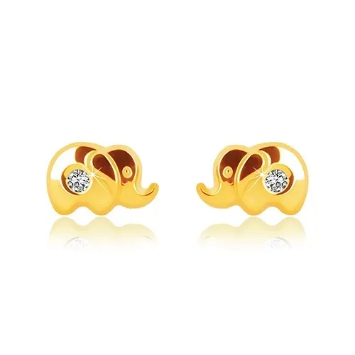 Náušnice v žltom zlate 375 - lesklý sloník s čírym zirkónom, puzetky