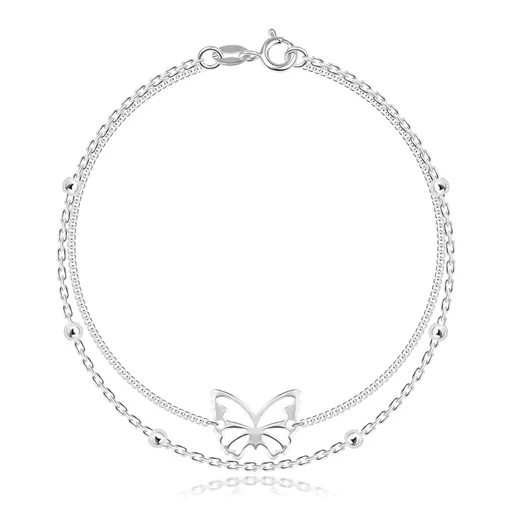 Strieborný 925 náramok - dvojitá retiazka, motýľ s vyrezávanými krídlami