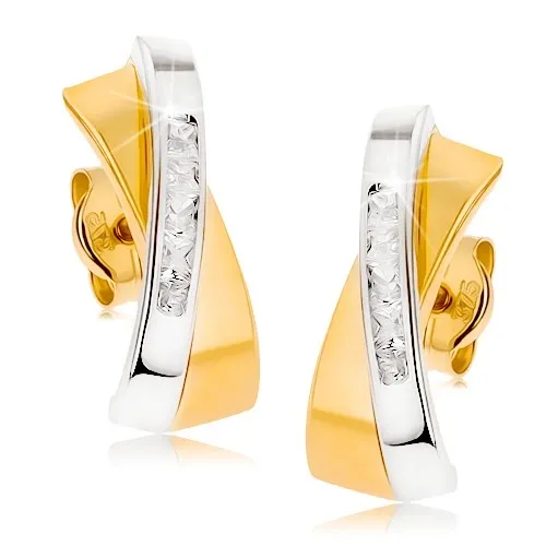 Zlaté náušnice 9K kombinované zlato, prekrížené línie so zirkónmi