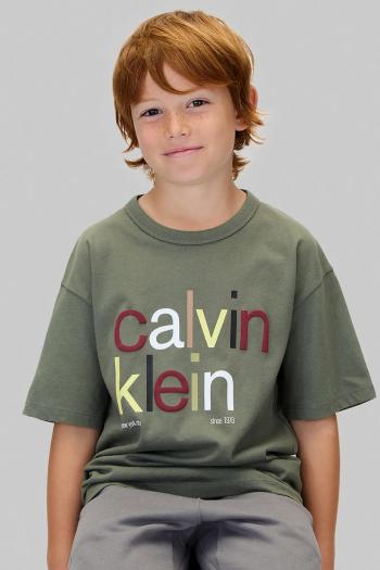 Detské bavlnené tričko Calvin Klein Jeans zelená farba, s potlačou, IB0IB02578