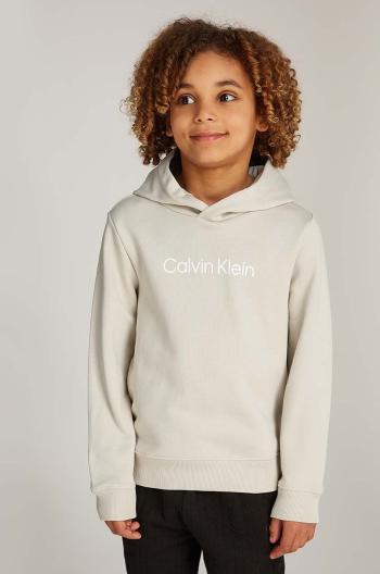Detská bavlnená mikina Calvin Klein Jeans béžová farba, s kapucňou, s potlačou, IU0IU00679