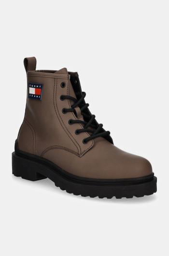 Kožená obuv Tommy Jeans TJM LEATHER LACE UP BOOT pánska, hnedá farba, EM0EM01447
