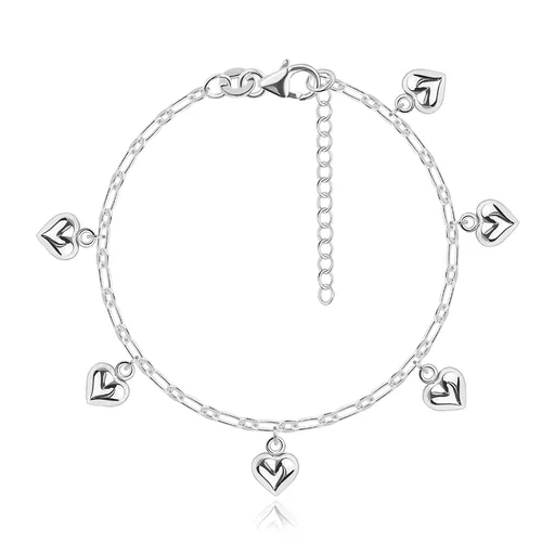 Strieborný náramok 925 - vypuklé srdiečka, kratšie a dlhšie oválne články