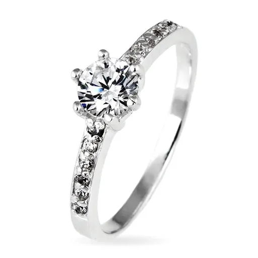 Strieborný prsteň 925 - okrúhly zirkón v objímke a zirkóniky po stranách - Veľkosť: 49 mm