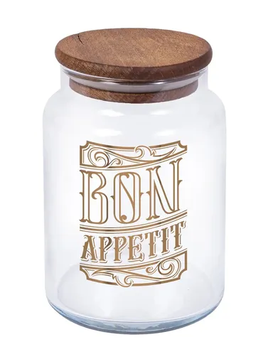 MAKRO - Dóza 890ml, sklo s potlačou a drevený vrchnák