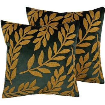 BELIANI, Sada 2 zamatových vankúšov vzorov listov 45 × 45 cm zelená MISTLETOE, 205485 (beliani_205485)