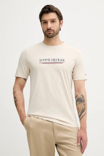 Bavlnené tričko Tommy Hilfiger pánske, béžová farba, s potlačou, MW0MW40324