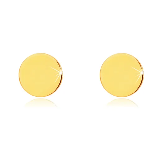 Náušnice 9K žlté zlato - lesklý plochý kruh, puzetové zapínanie, 5 mm