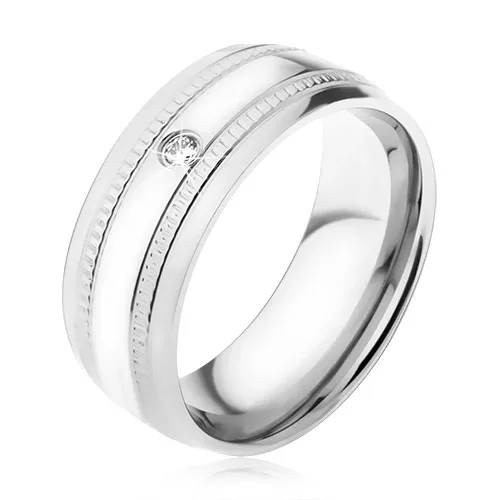 Prsteň z ocele 316L, číry zirkón, dva vodorovné ryhované pásy - Veľkosť: 56 mm