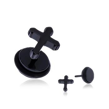 Čierny lesklý falošný plug do ucha - kríž