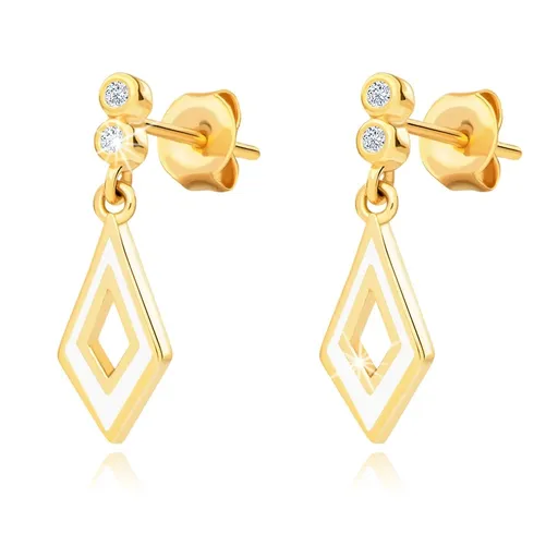 Zlaté náušnice 14K s kosoštvorcom, bielou glazúrou a zirkónmi