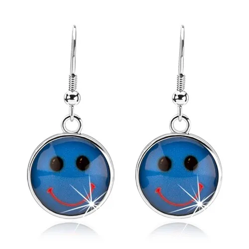 Cabochon náušnice, glazúra, smajlík na modrom podklade, afroháčiky