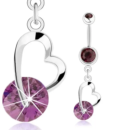 Oceľový piercing do pupku, fialové zirkóny, nesúmerná kontúra srdca