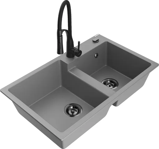 MEXEN/S MEXEN/S - Tomas granitový drez 2-bowl vrátane batérie Aster, šedá 6516-71-73450-70-B