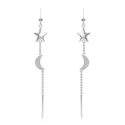 Visiace strieborné 925 náušnice - hviezda, polmesiac, číre zirkóny, tenká palička, retiazka