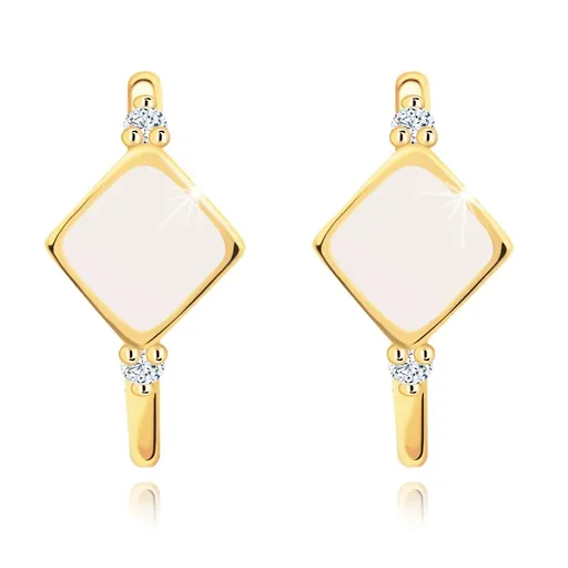 Zlaté náušnice 9K polkruh s kosoštvorcom, bielou glazúrou a zirkónmi