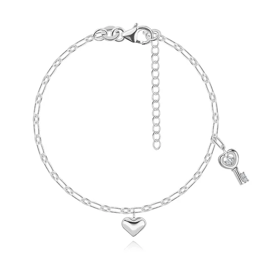 Strieborný 925 náramok - prívesok srdca a kľúčika, zirkóny, oválne očká