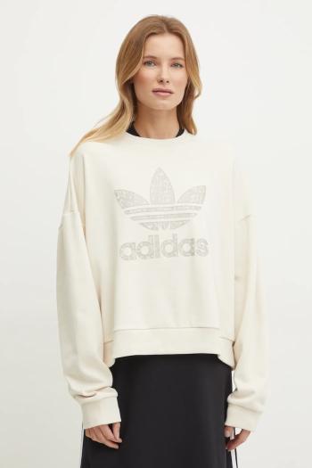 Bavlnená mikina adidas Originals SNAKE CREW dámska, béžová farba, s potlačou, JC8329