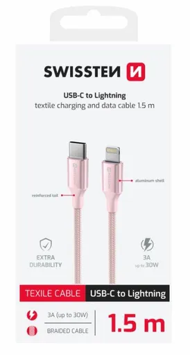 SWISSTEN DÁTOVÝ KÁBEL TEXTILE II USB-C / LIGHTNING 1,5 M RUŽOVÝ