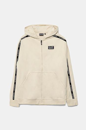 Detská bavlnená mikina EA7 Emporio Armani béžová farba, s kapucňou, s nášivkou, 7B000056 AF10380