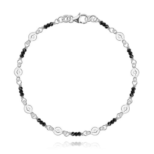 Náramok z 925 striebra - čierne sklenené korálky, motív oka a krúžkov