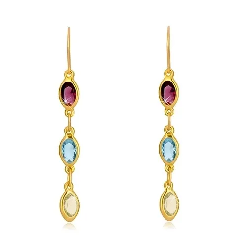 Náušnice v žltom zlate 375 - zirkónové zrnká vo fialovom, belasom a žltom odtieni