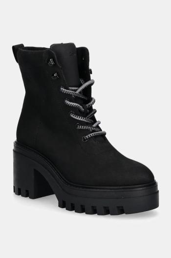 Členkové topánky Calvin Klein Jeans CHUNKY HEELED ZIP BOOT LTH dámske, čierna farba, na podpätku, YW0YW01548