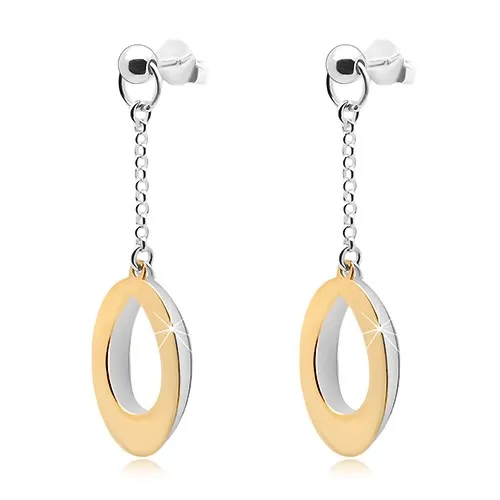 Visiace náušnice, striebro 925, dvojfarebné obrysy oválov na retiazke