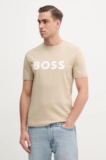 Bavlnené tričko BOSS béžová farba, s potlačou