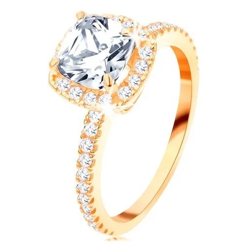 Zlatý prsteň 585 - výrazný štvorcový zirkón v ozdobnom kotlíku, trblietavé línie - Veľkosť: 49 mm