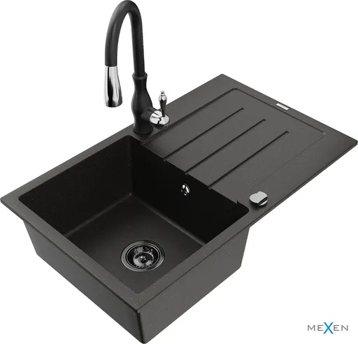 MEXEN/S MEXEN/S - Bruno granitový drez 1 s odkvapkávačom vrátane batérie Savita, čierna/zloty metalik 6513-75-672601-70-B